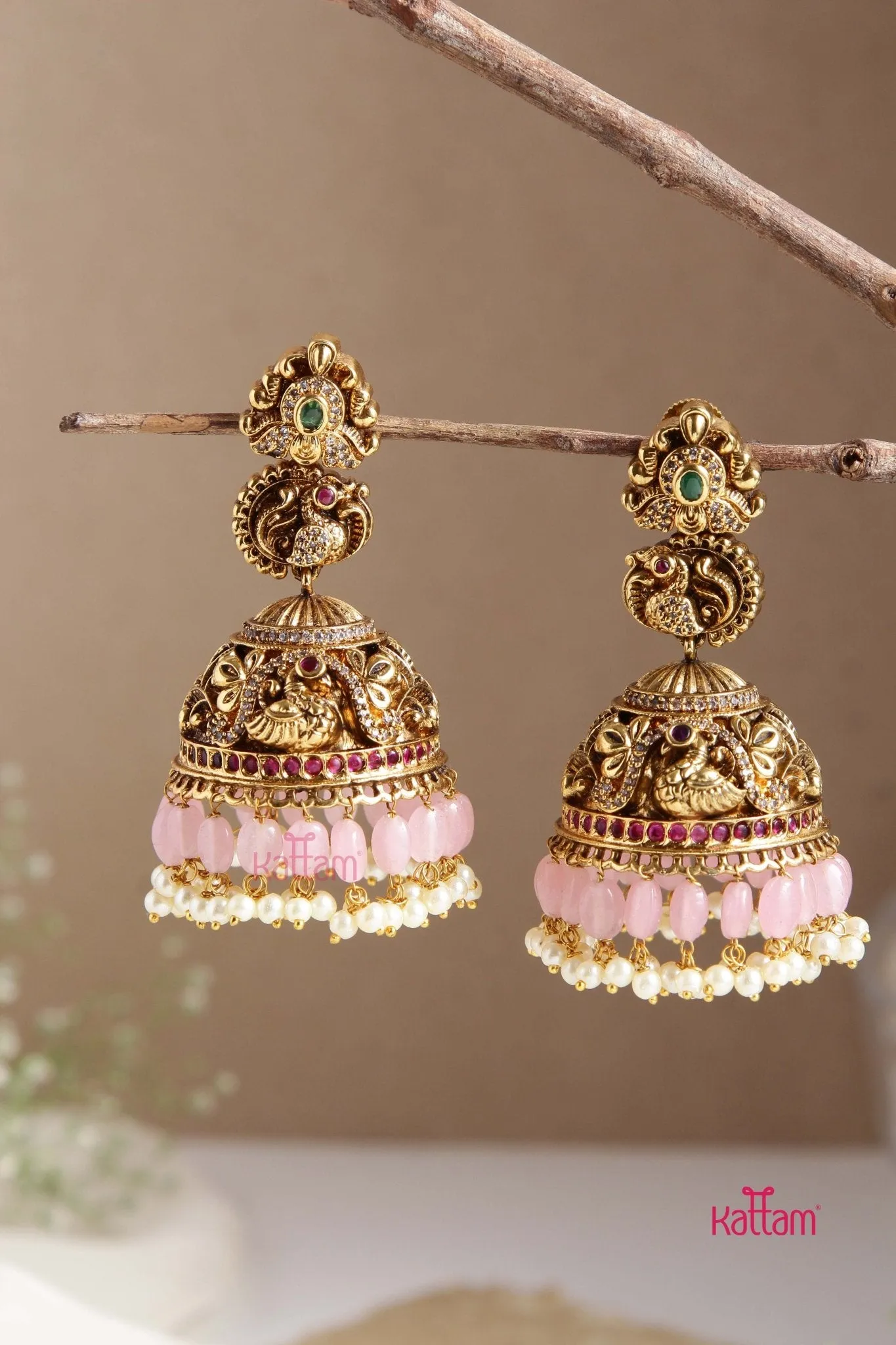 Aadhavai -  Antique Pink Bead Jhumka