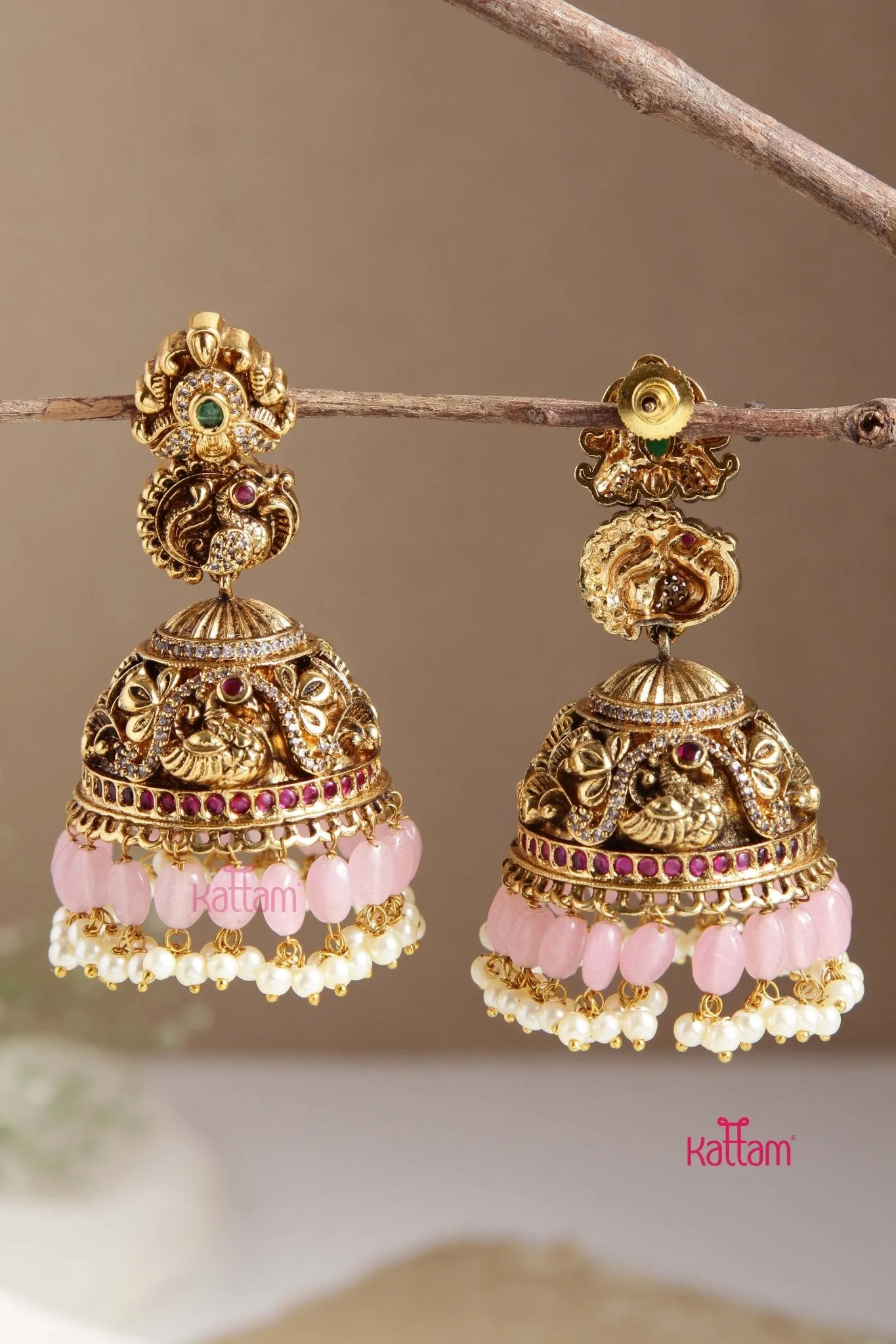 Aadhavai -  Antique Pink Bead Jhumka
