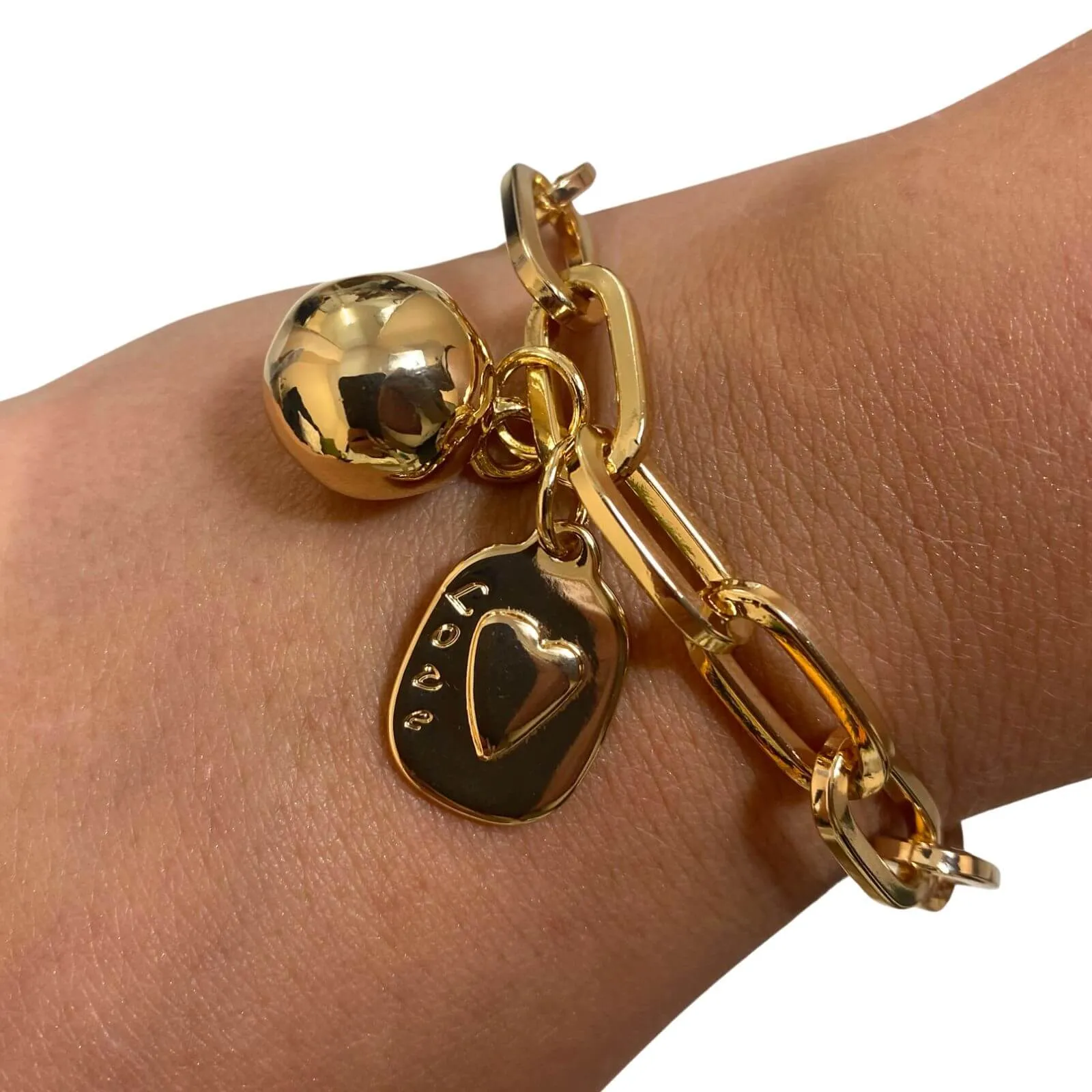 Absolute Gold Sphere & Heart Oval Link Bracelet
