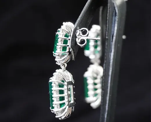 Adelaide 20.11 Carats Emerald Cut Emerald Gemstone Dangle Earrings in 18K White Gold By Mike Nekta NYC