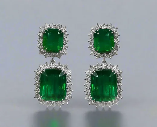 Adelaide 20.11 Carats Emerald Cut Emerald Gemstone Dangle Earrings in 18K White Gold By Mike Nekta NYC