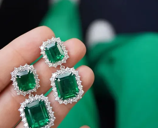 Adelaide 20.11 Carats Emerald Cut Emerald Gemstone Dangle Earrings in 18K White Gold By Mike Nekta NYC