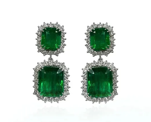 Adelaide 20.11 Carats Emerald Cut Emerald Gemstone Dangle Earrings in 18K White Gold By Mike Nekta NYC
