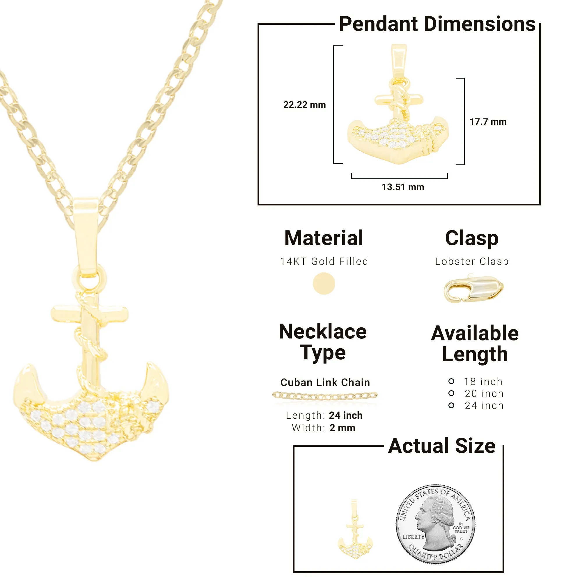 Anchor Cross 1 Cubic Zirconia Pendant 14K Gold Filled Necklace Set