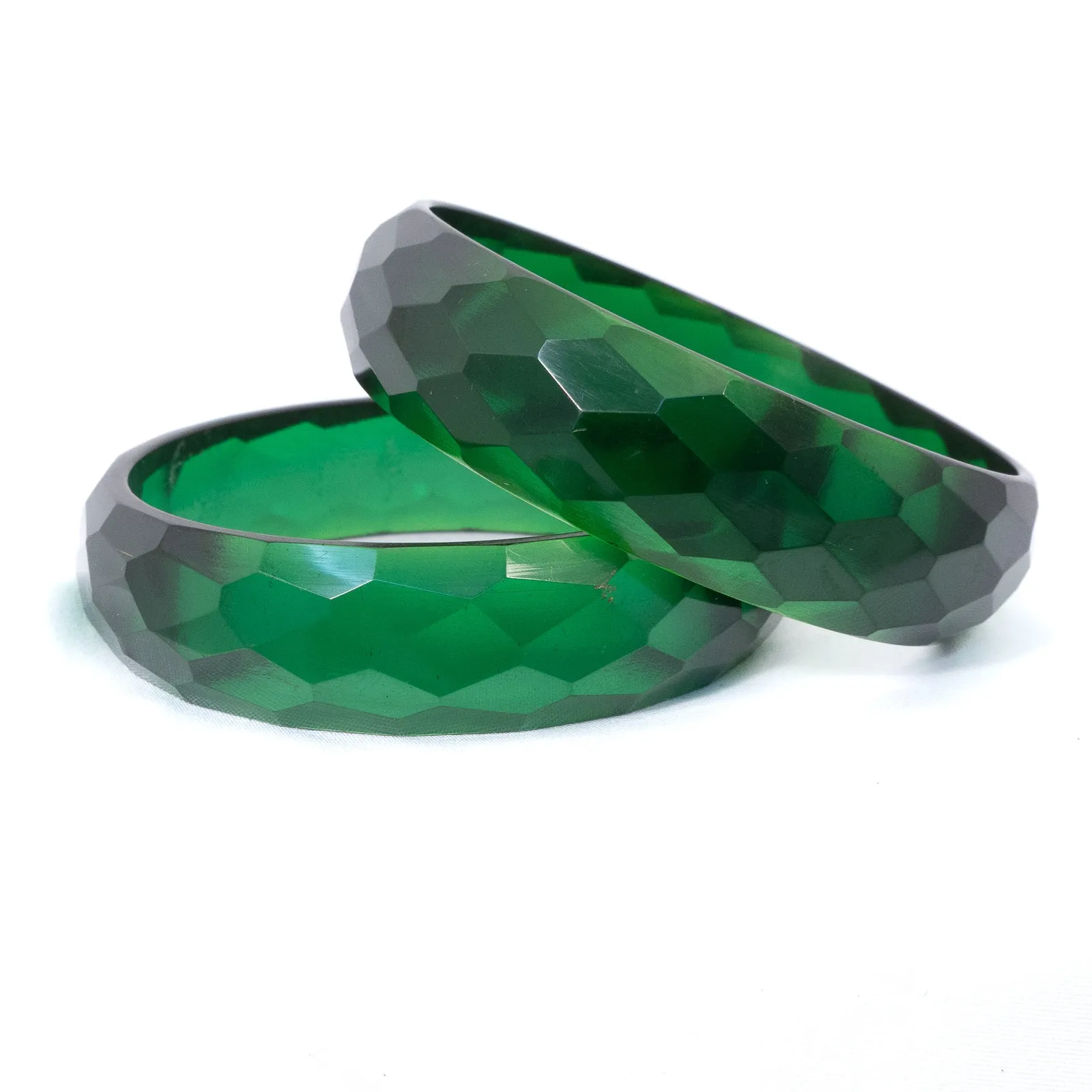 Bakelite Bracelet Set Faceted Green Translucent