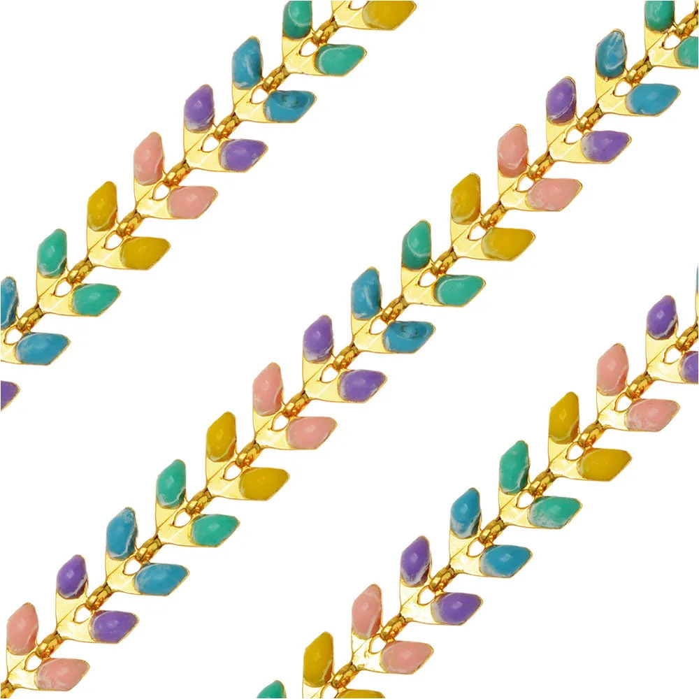 Beaded Chain, Chevron 7x6.5mmm, Gold Plated/Multi-Colored Pastel Enamel, (1 inch)