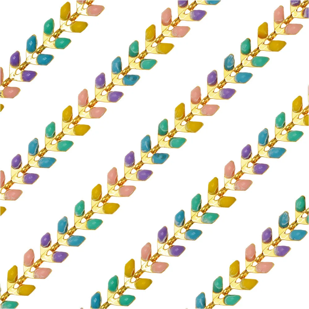 Beaded Chain, Chevron 7x6.5mmm, Gold Plated/Multi-Colored Pastel Enamel, (1 inch)