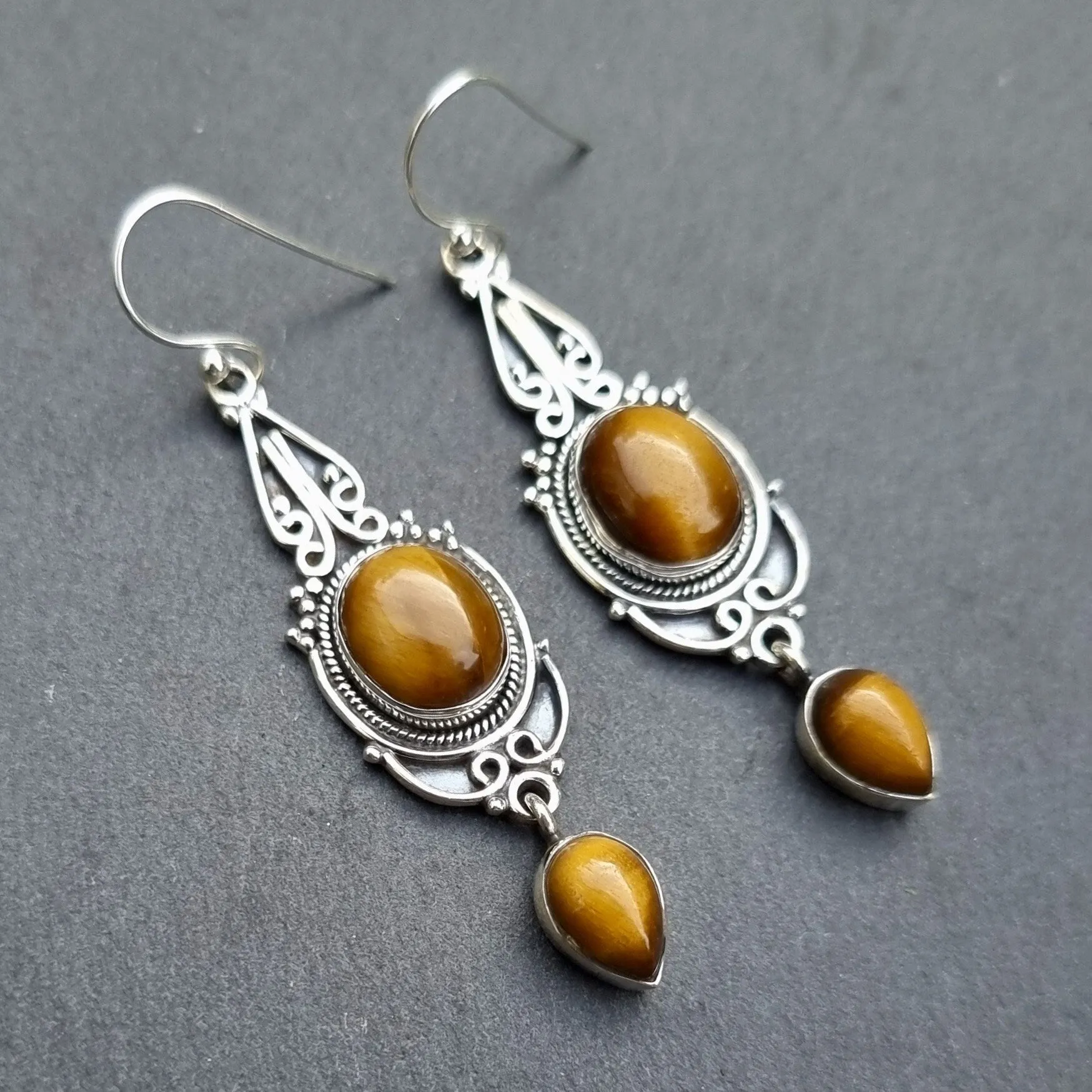 Bohemian Tigers Eye Long Dangle Earrings, E38TE