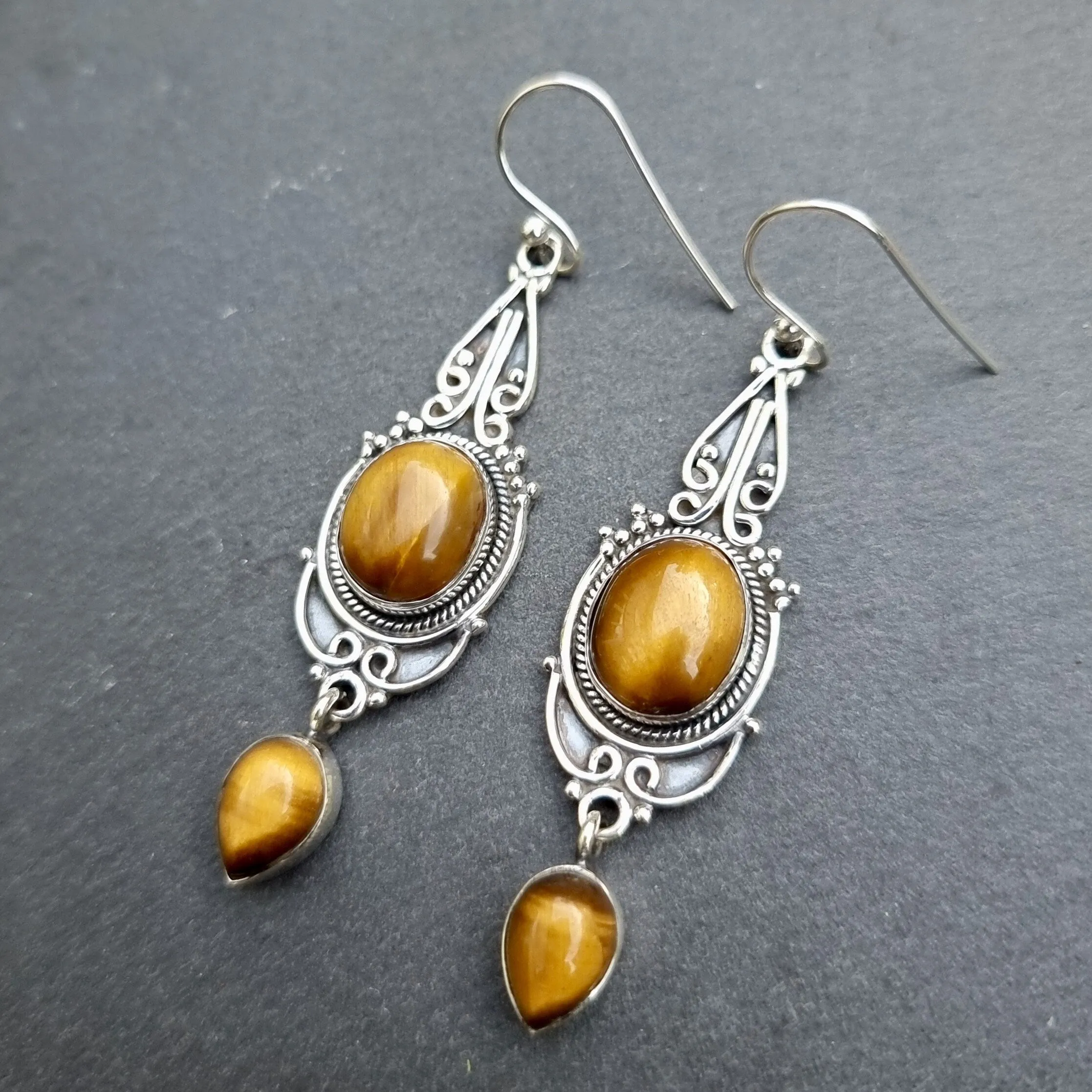 Bohemian Tigers Eye Long Dangle Earrings, E38TE