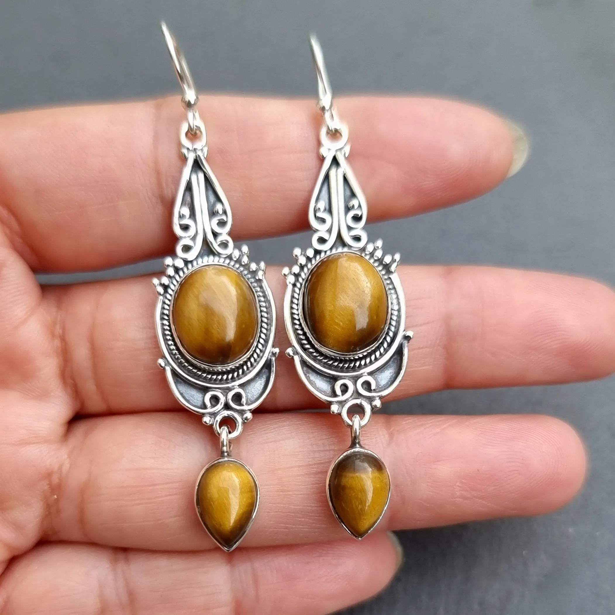 Bohemian Tigers Eye Long Dangle Earrings, E38TE