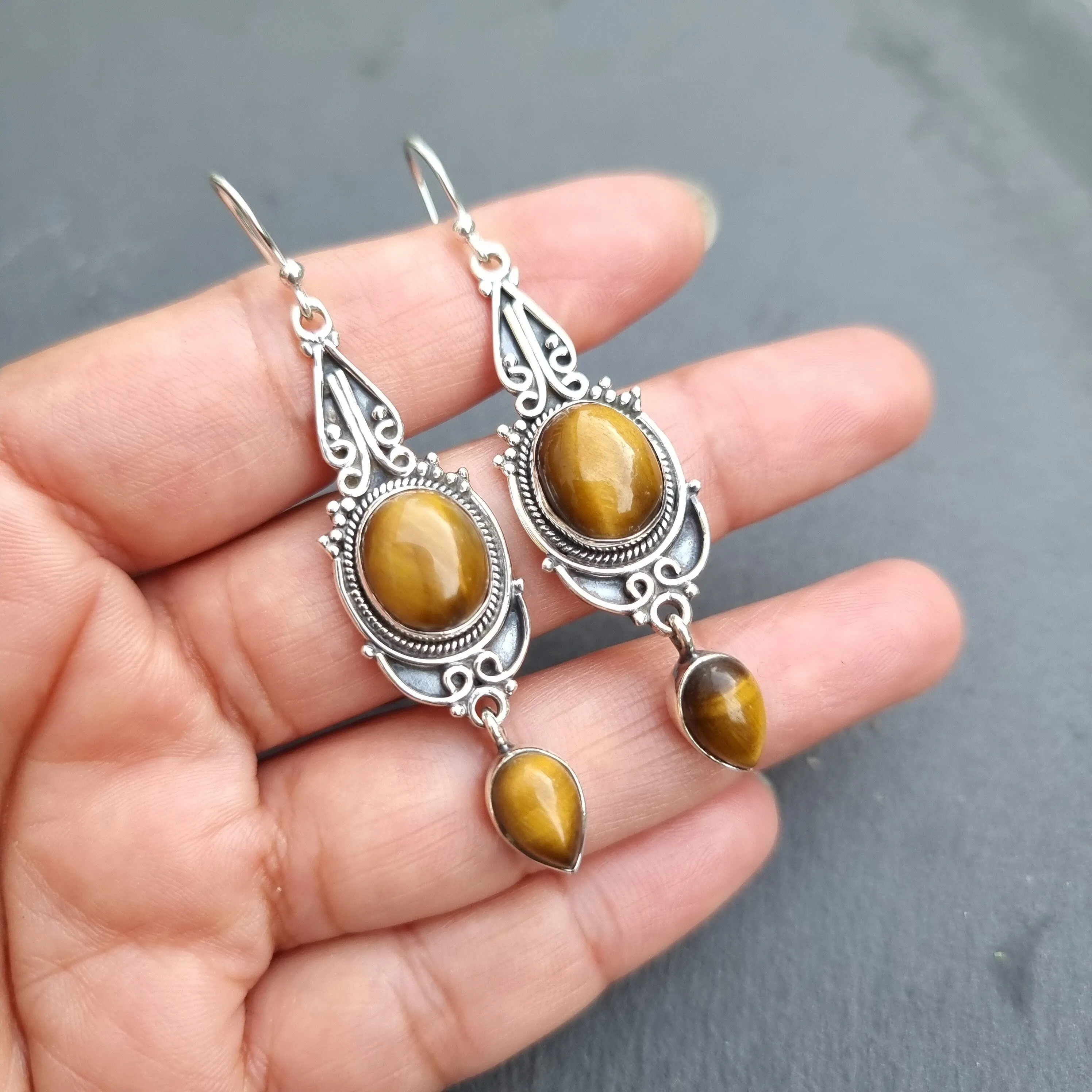 Bohemian Tigers Eye Long Dangle Earrings, E38TE