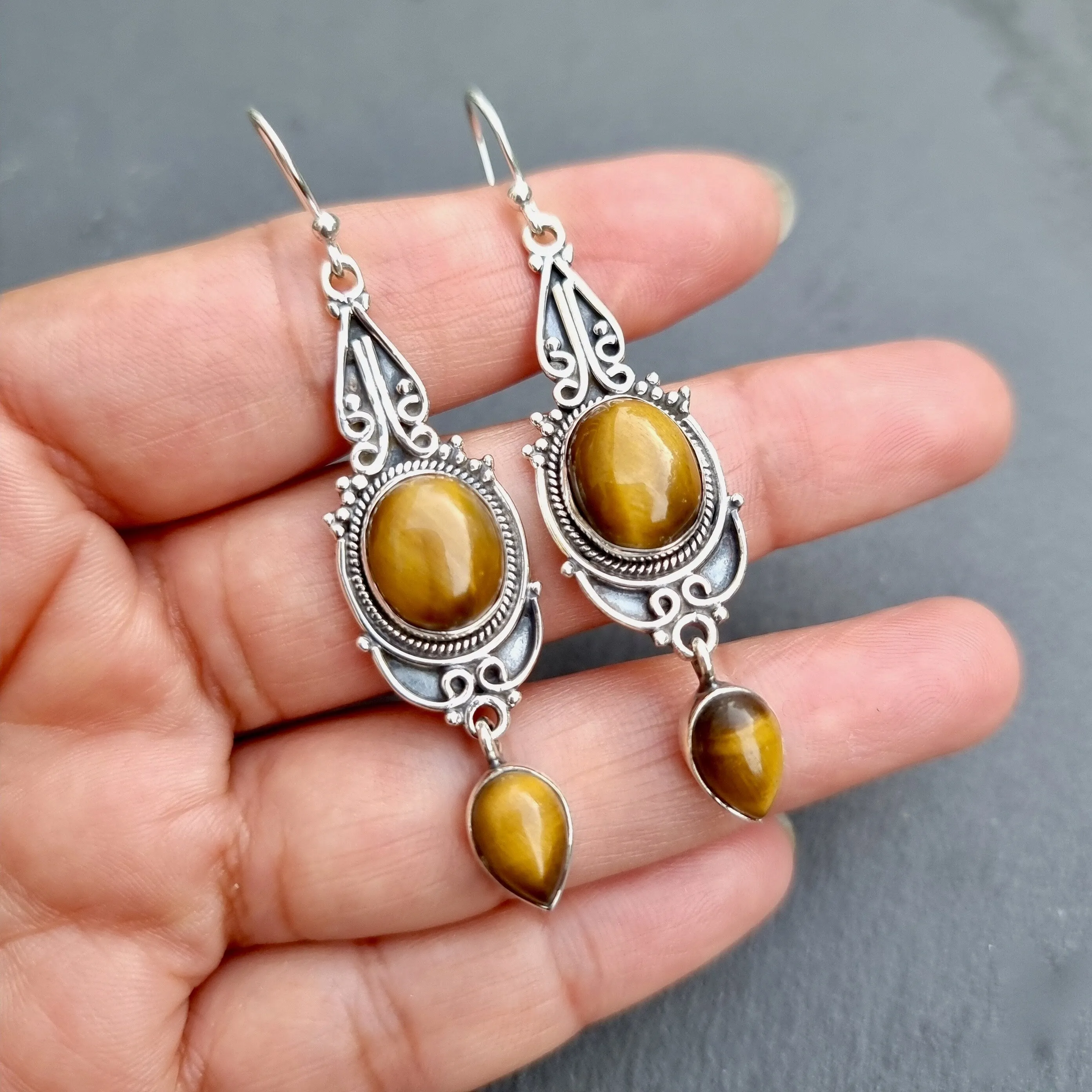 Bohemian Tigers Eye Long Dangle Earrings, E38TE