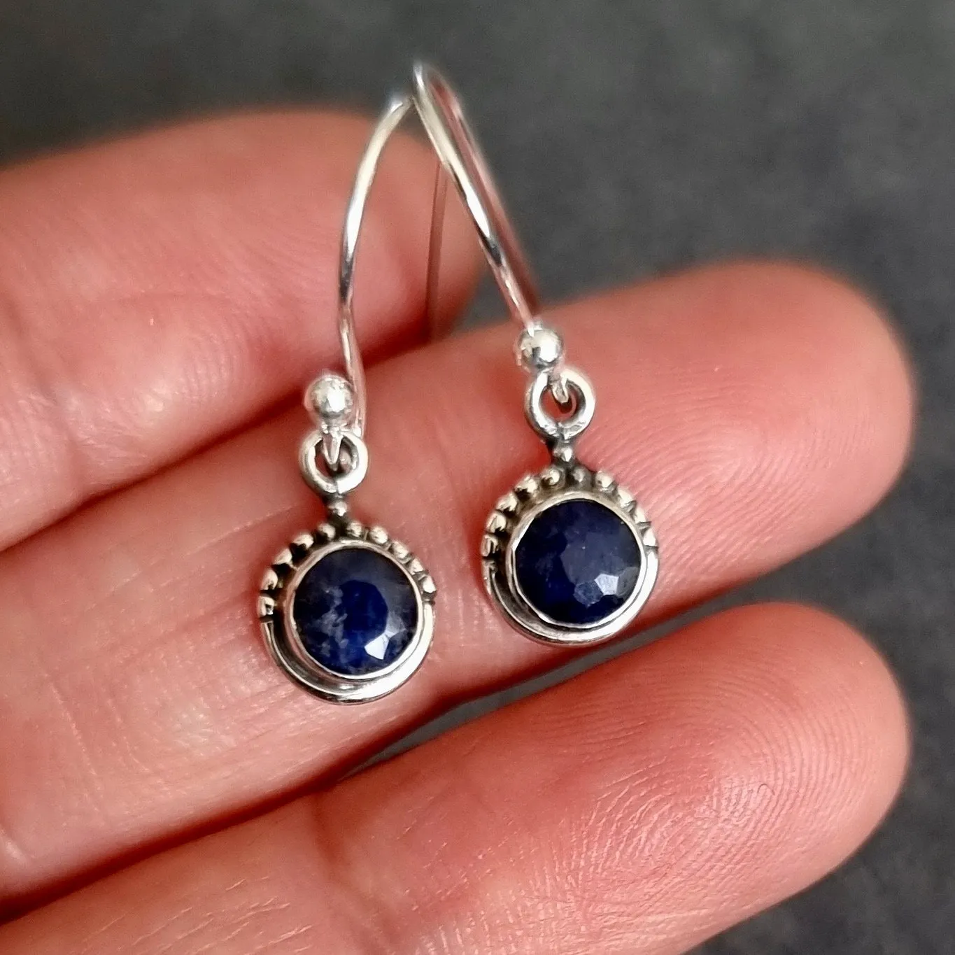 Boho Round 6mm Sapphire 925 Silver Earrings, E91S