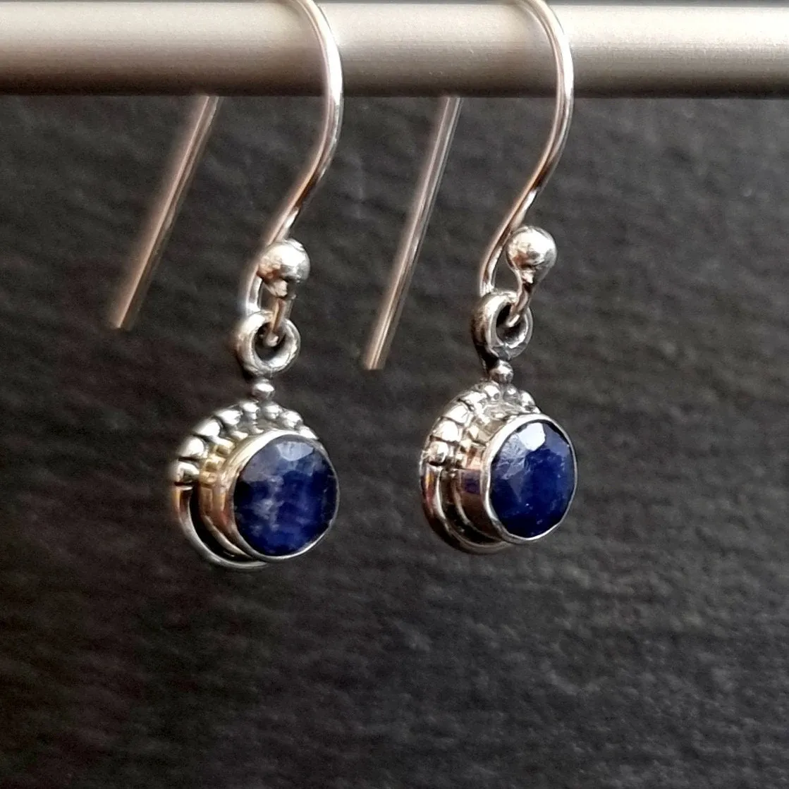 Boho Round 6mm Sapphire 925 Silver Earrings, E91S