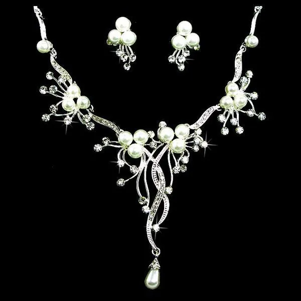 Bridal Wedding Jewelry Set Crystal Rhinestone Pearl Floral Vine Design Necklace