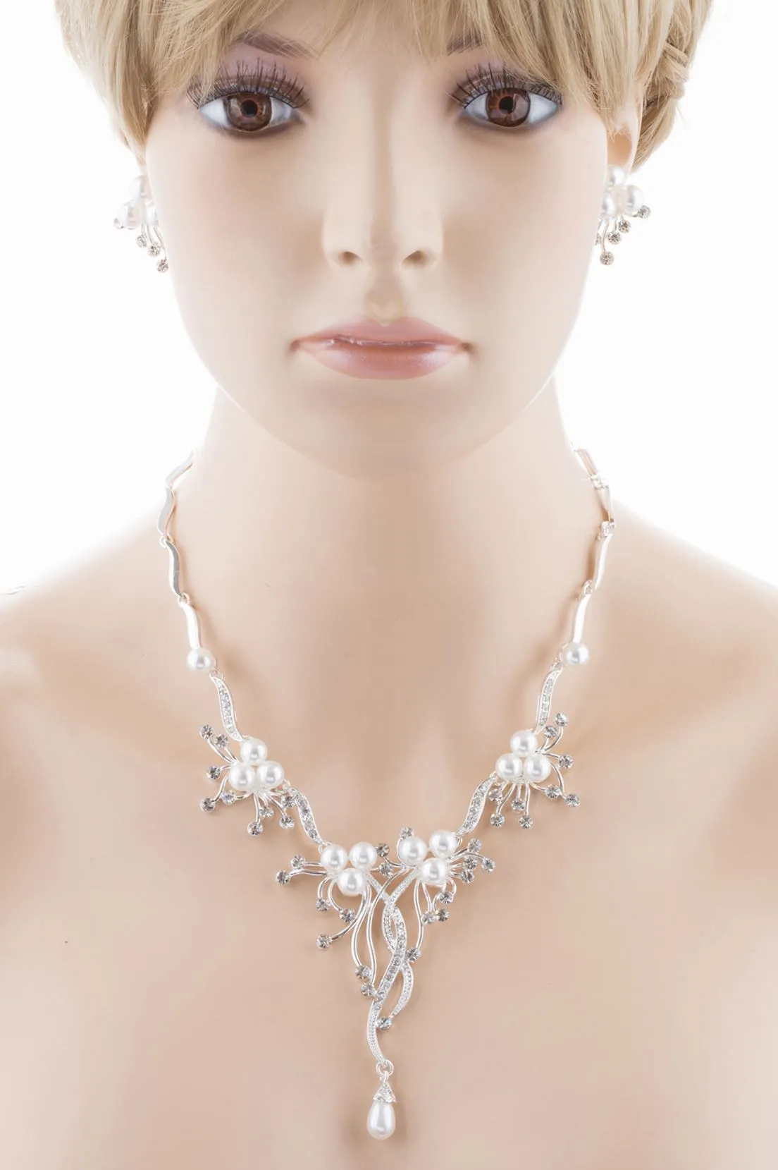 Bridal Wedding Jewelry Set Crystal Rhinestone Pearl Floral Vine Design Necklace