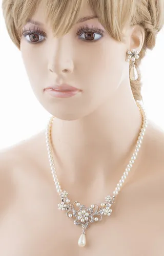 Bridal Wedding Jewelry Set Crystal Rhinestone Pearl Glittering Floral Necklace