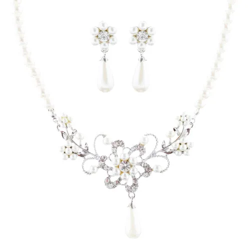 Bridal Wedding Jewelry Set Crystal Rhinestone Pearl Glittering Floral Necklace