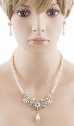 Bridal Wedding Jewelry Set Crystal Rhinestone Pearl Glittering Floral Necklace
