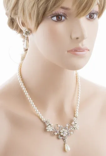Bridal Wedding Jewelry Set Crystal Rhinestone Pearl Glittering Floral Necklace