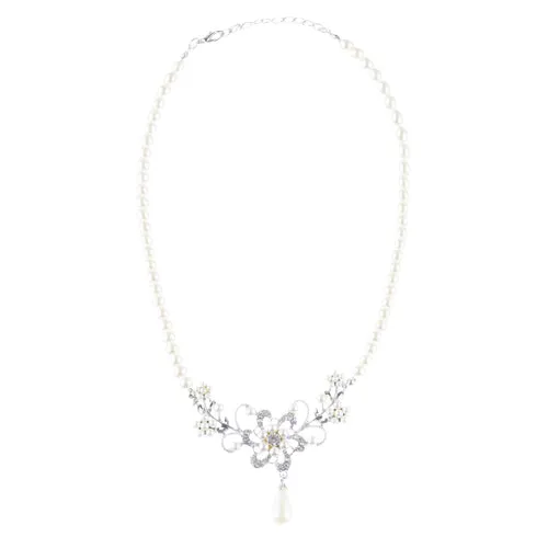 Bridal Wedding Jewelry Set Crystal Rhinestone Pearl Glittering Floral Necklace