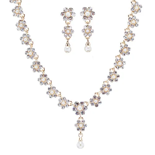Bridal Wedding Jewelry Set Floral Y Pearl & Rhinestone Rhinestone Gold Ivory