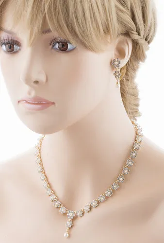 Bridal Wedding Jewelry Set Floral Y Pearl & Rhinestone Rhinestone Gold Ivory