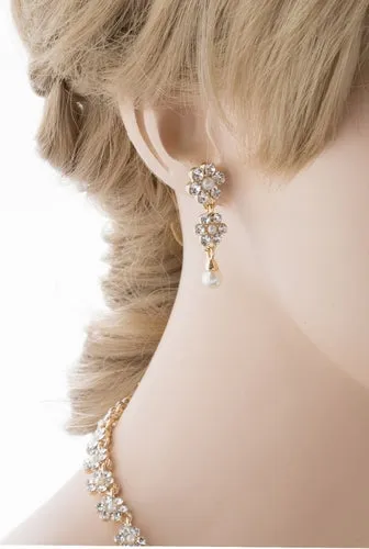 Bridal Wedding Jewelry Set Floral Y Pearl & Rhinestone Rhinestone Gold Ivory