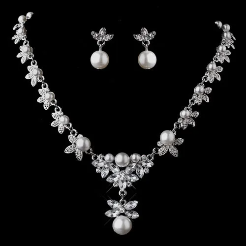 Bridal Wedding Jewelry Set Rhinestone Pearl Floral Drop