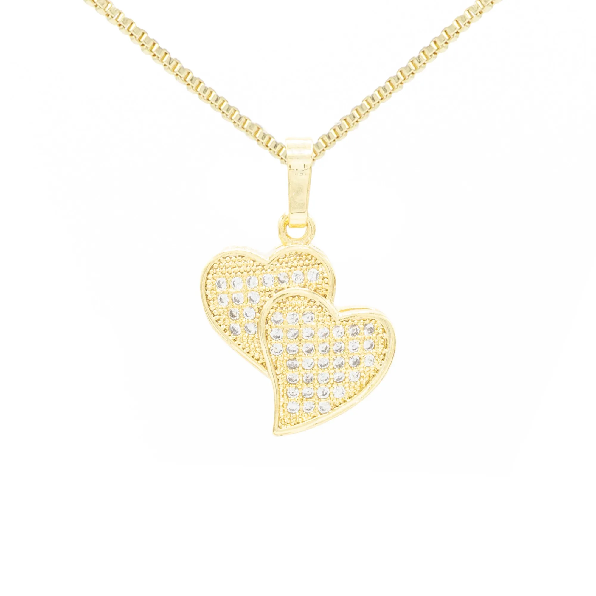 Cubic Zirconia 14K Gold Filled Double Hearts Pendant Necklace Set