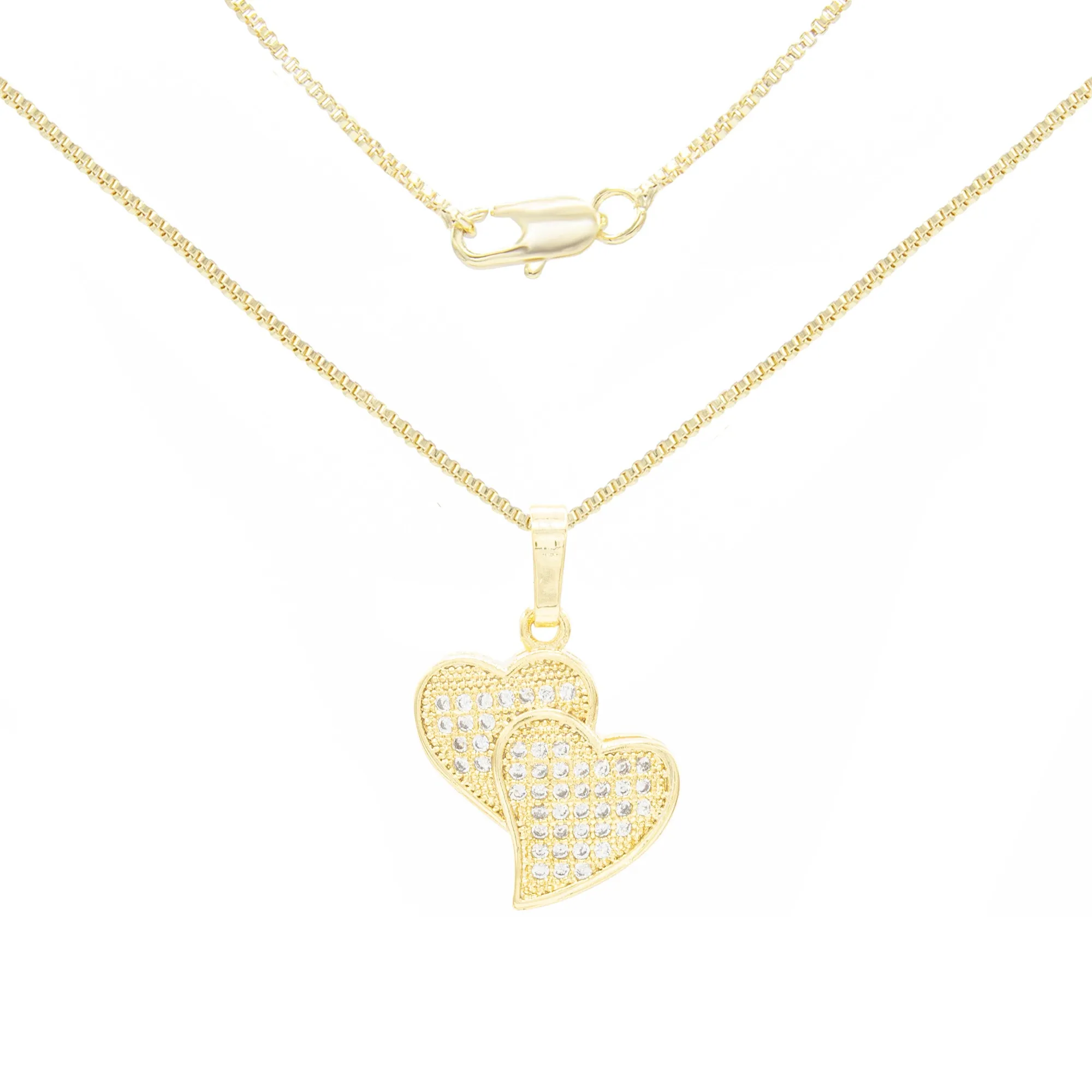 Cubic Zirconia 14K Gold Filled Double Hearts Pendant Necklace Set