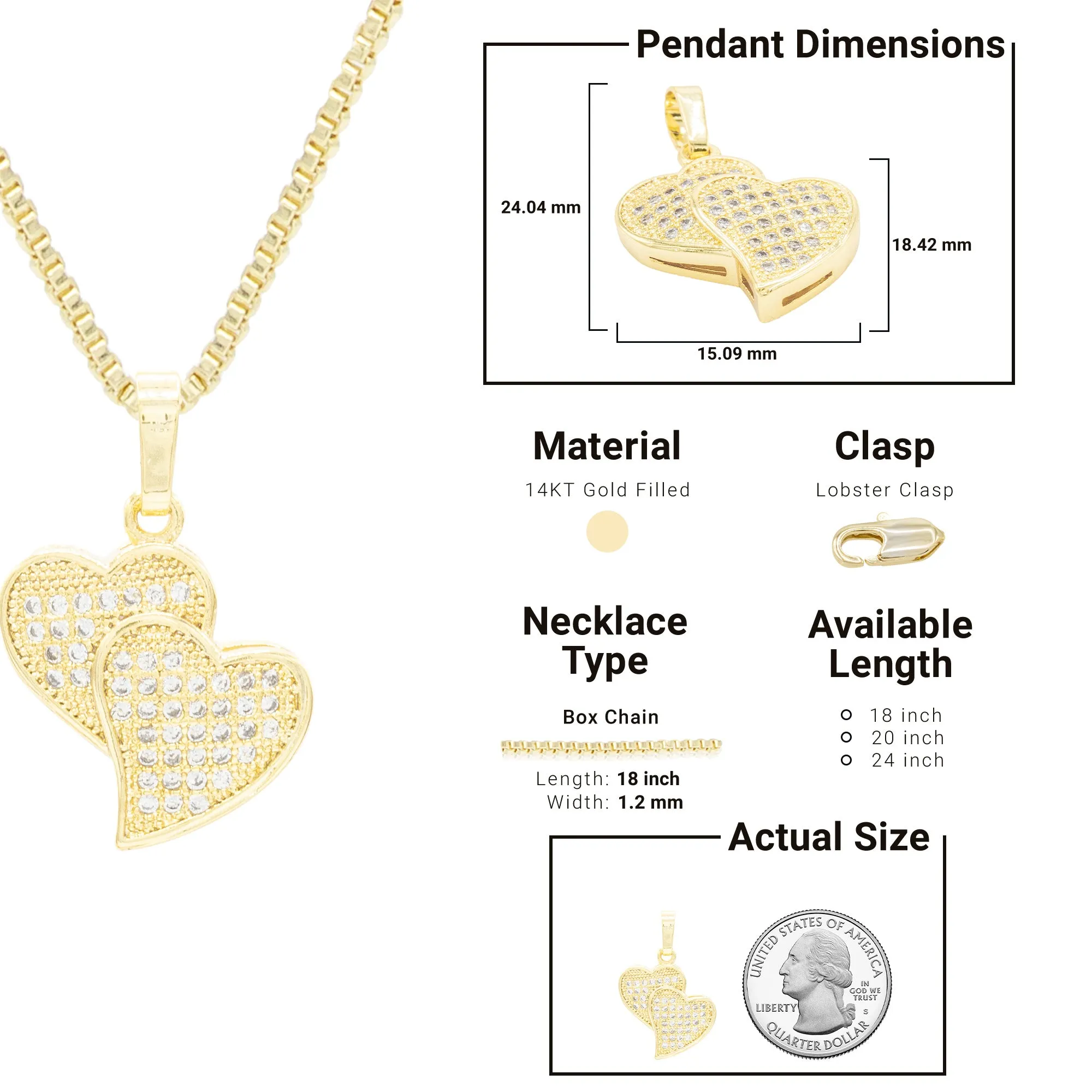 Cubic Zirconia 14K Gold Filled Double Hearts Pendant Necklace Set