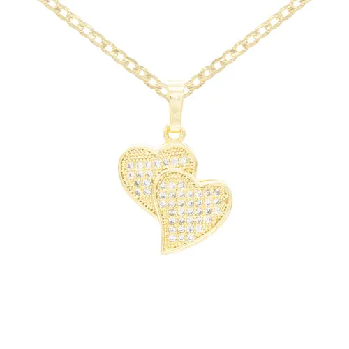 Cubic Zirconia 14K Gold Filled Double Hearts Pendant Necklace Set