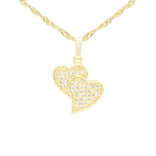 Cubic Zirconia 14K Gold Filled Double Hearts Pendant Necklace Set