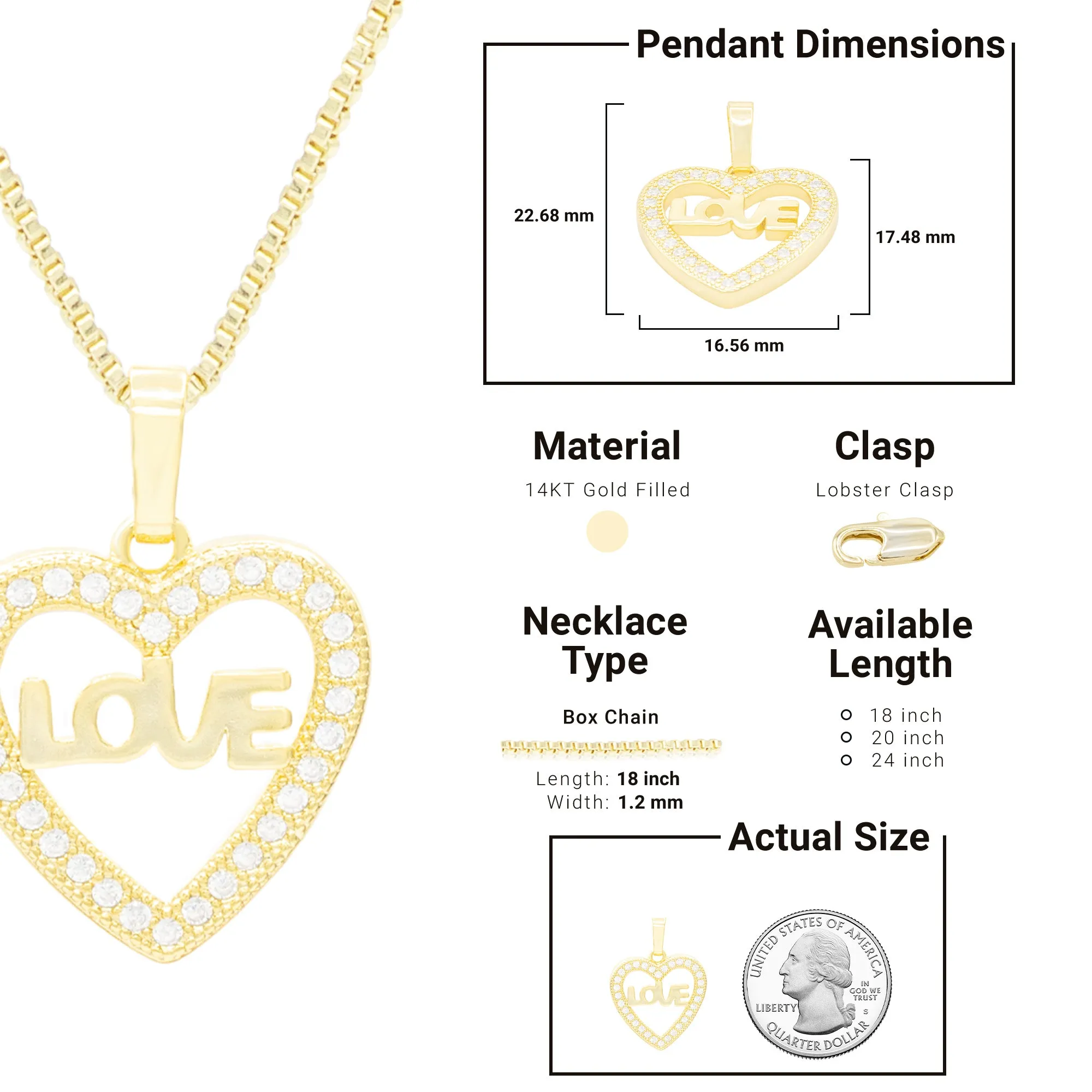 Cubic Zirconia 14K Gold Filled Heart Love Pendant Necklace Set