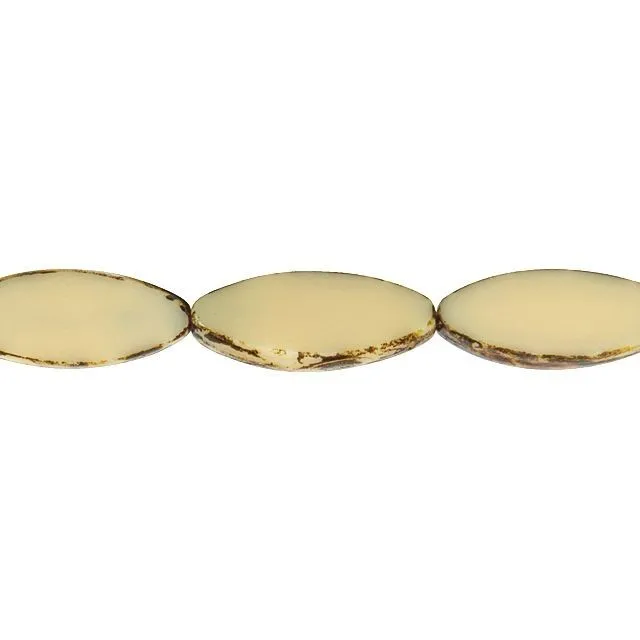 Czech Glass 21 x 8mm Opaque Ivory Picasso Pointed Oval Bead Strand by Raven's Journey