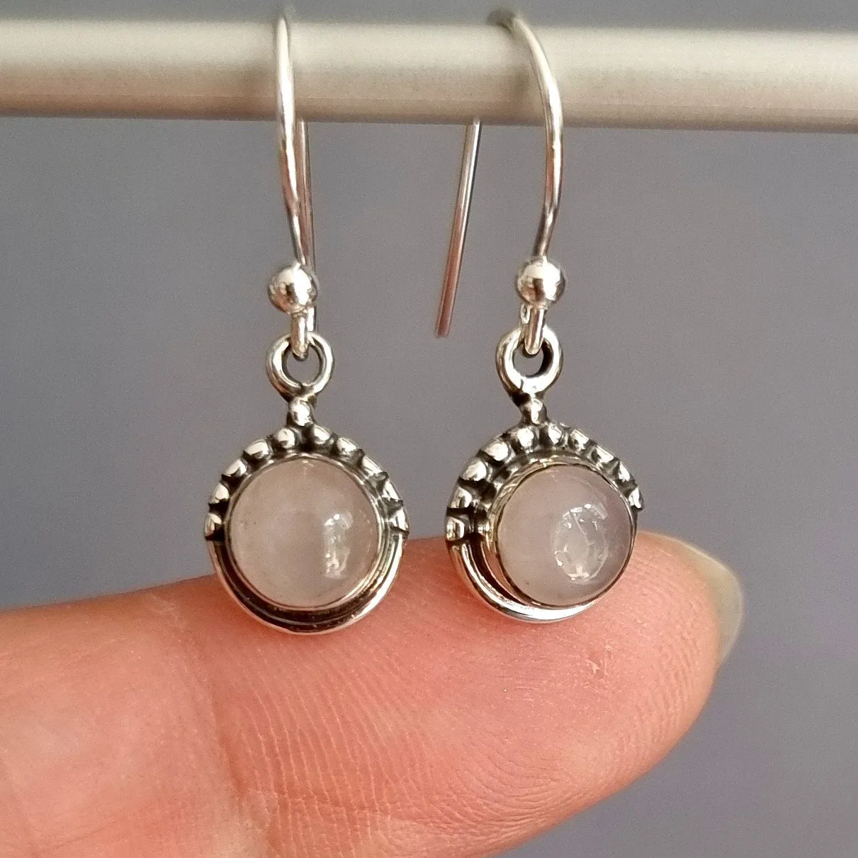 Dainty Boho Round 6mm Rose Quartz 925 Silver Earrings, E91RQ