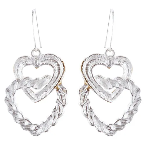 Duo Tone Double Hearts Link Drop Earring Gold Silver
