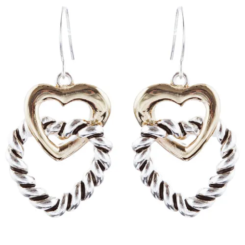 Duo Tone Double Hearts Link Drop Earring Gold Silver