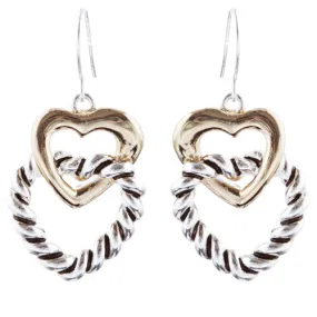 Duo Tone Double Hearts Link Drop Earring Gold Silver