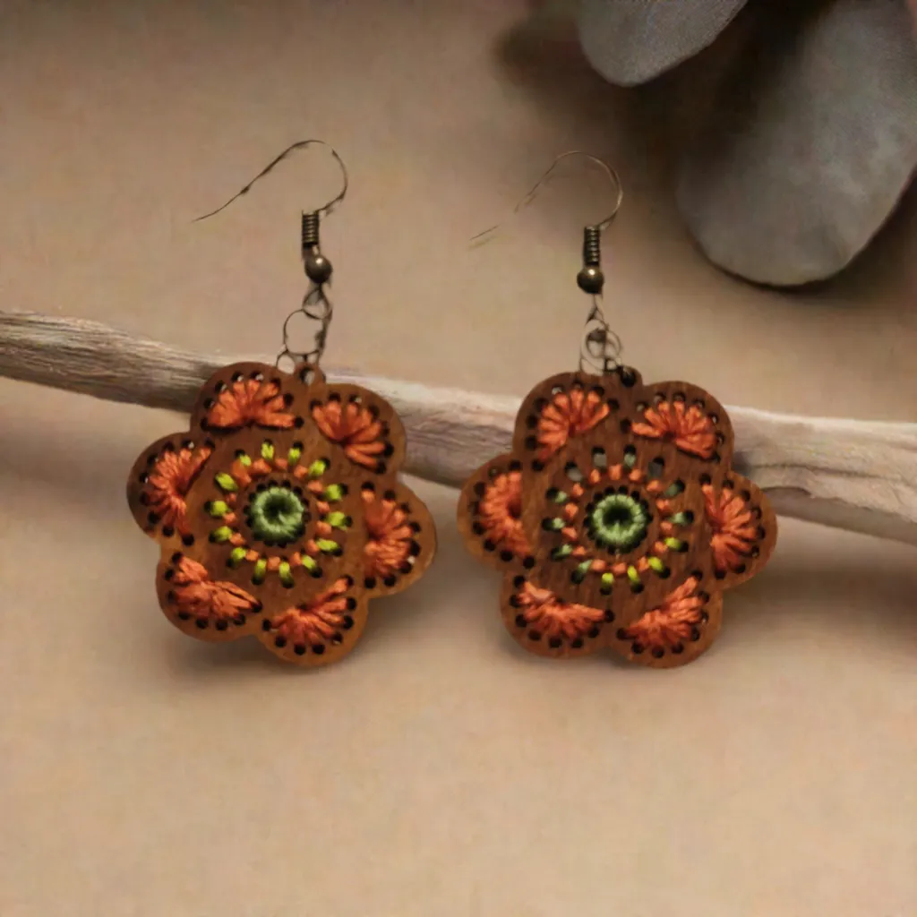 Embroidery Floral Essence Wooden Earrings