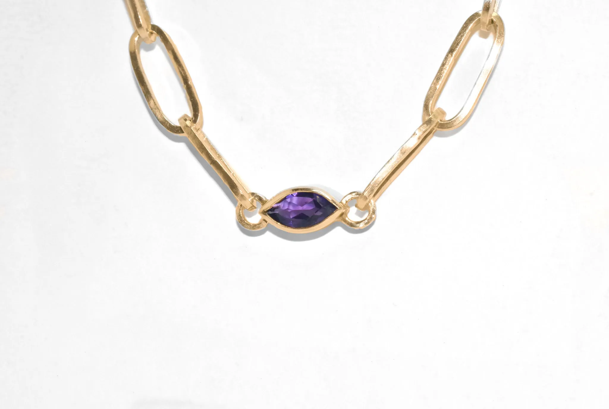 Ester | Handmade 14k Yellow Gold East to West Marquise Gemstone Paperclip Chain Bracelet | Diamond & Birthstone