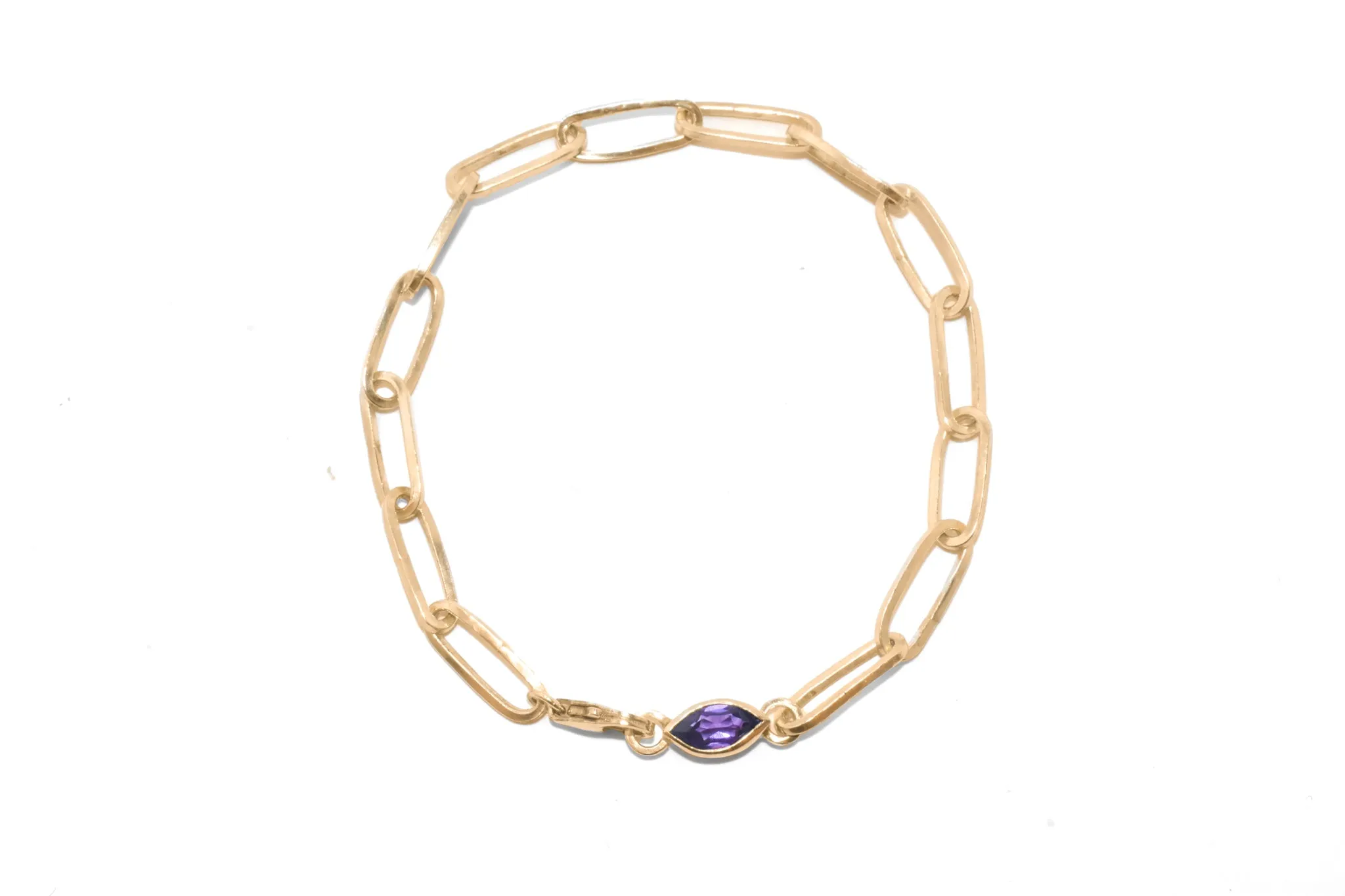 Ester | Handmade 14k Yellow Gold East to West Marquise Gemstone Paperclip Chain Bracelet | Diamond & Birthstone