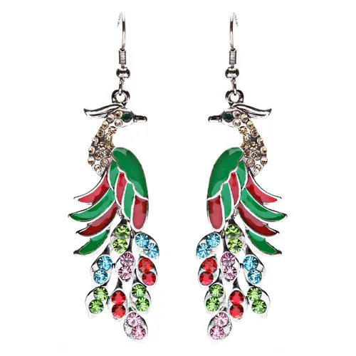 Gorgeous Dazzling Crystal Rhinestone Peacock Dangle Charm Fashion Earrings Multi