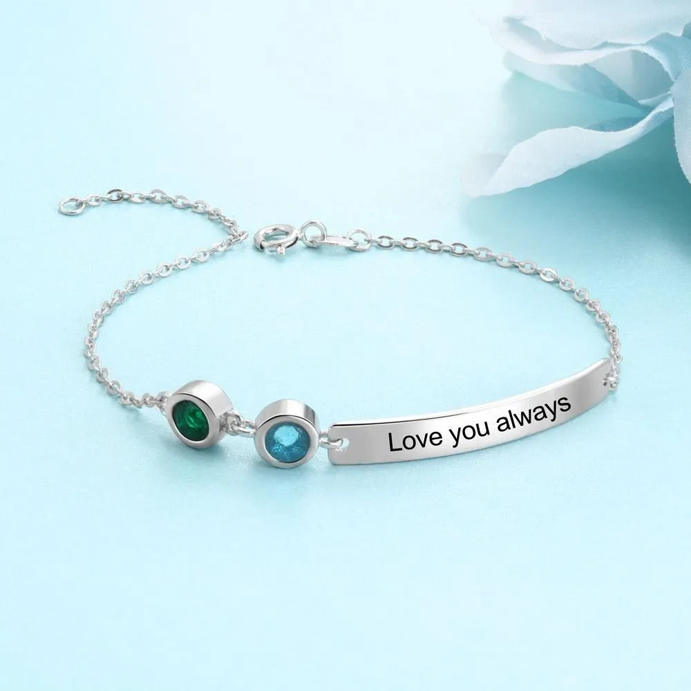Personalized Bar Bracelets & Bangles with 2 Birthstones Custom Engraved NamePlate Bracelets for Women
