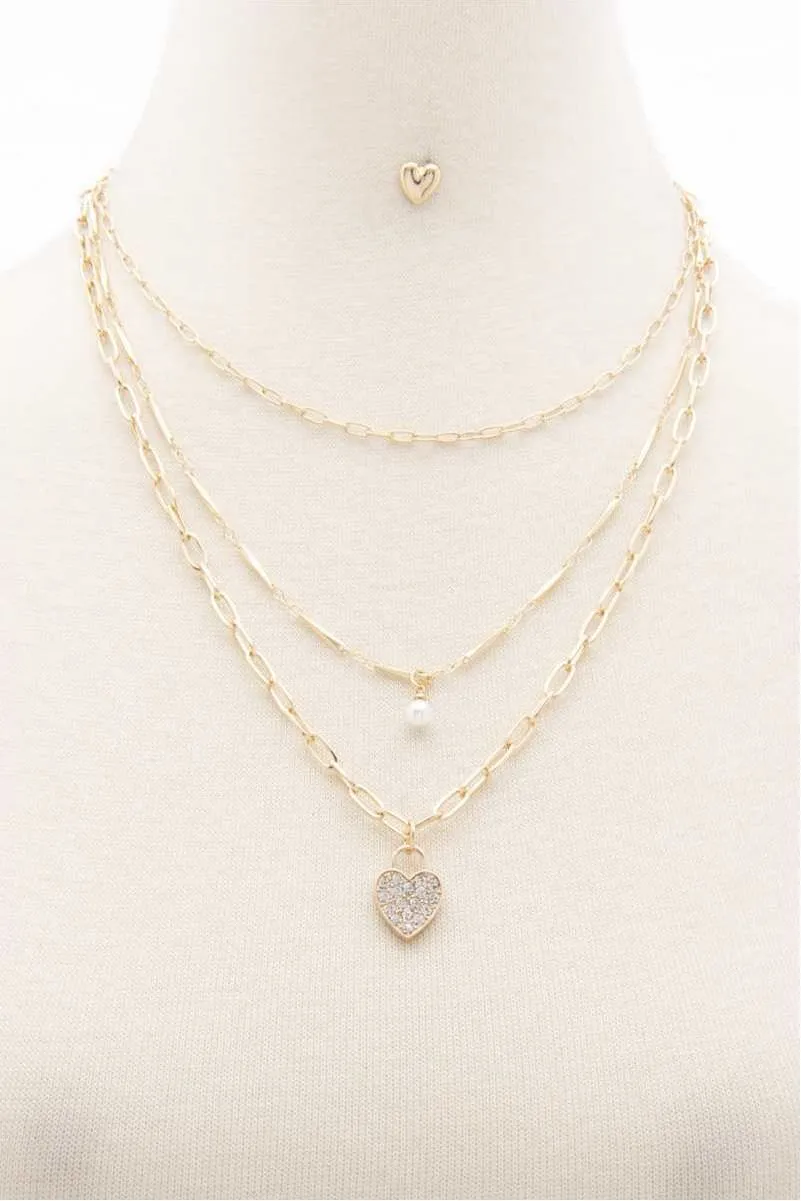 Rhinestone Heart Charm Layered Necklace