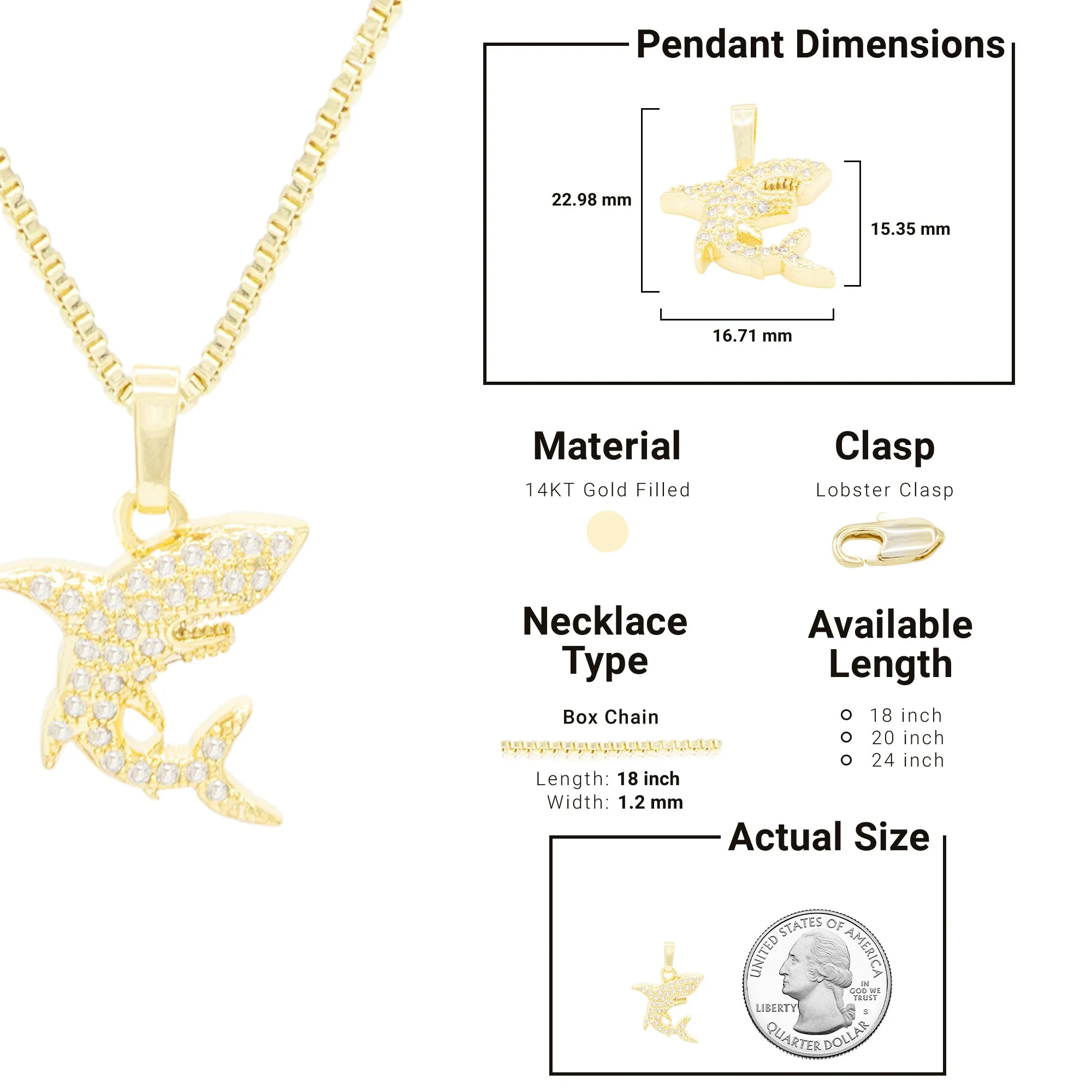 Shark Cubic Zirconia Pendant With 14K Gold Filled Necklace Set