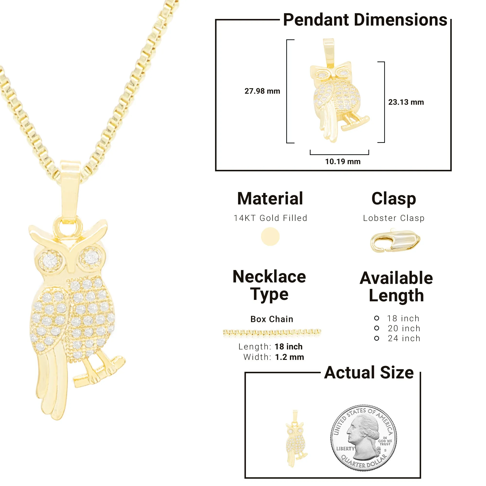 Smart Owl Cubic Zirconia Pendant With 14K Gold Filled Necklace Set