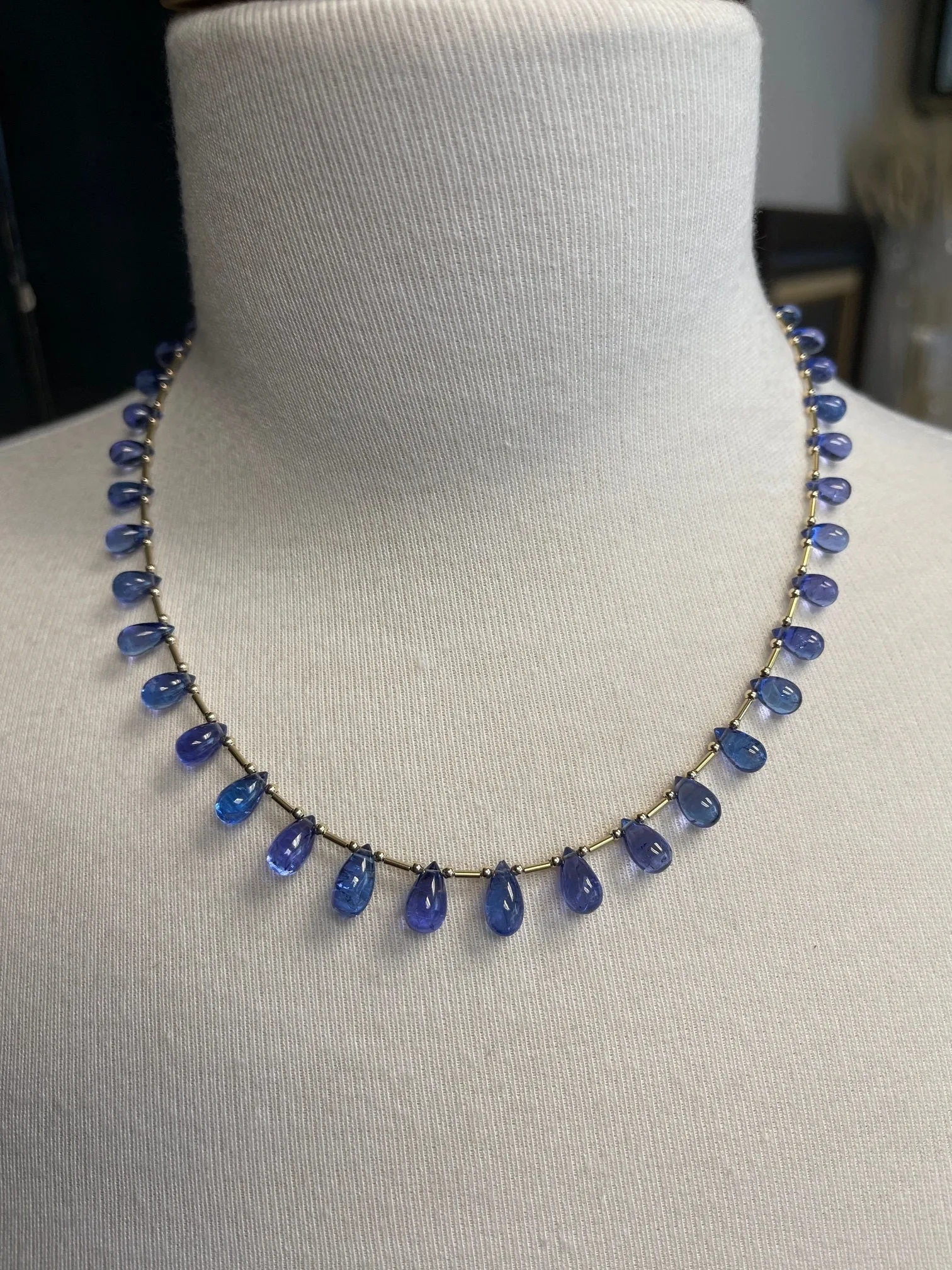 Tanzanite Briolette and 14k Yellow Gold  Beaded Necklace