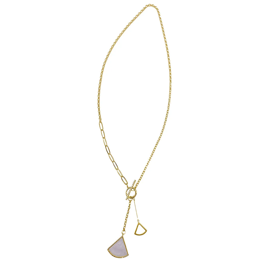 Tarnish Resistant 14k Gold Plated Mixed Chain Toggle Y- Ginko Leaf Drop Necklace